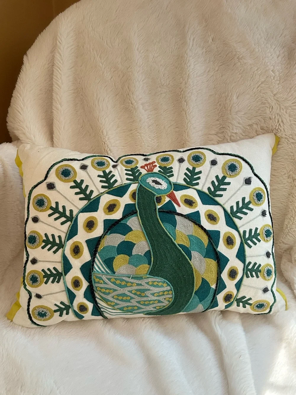 NWT Pier 1 Embroidered Peacock Throw Pillow Boho Decor Teal Green Yellow Accent